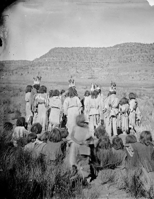 Picture shows Paiute conducting a Round Dance, 1873.